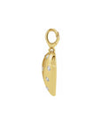 A 14k yellow gold puffy heart charm side view with small natural diamonds set along its side, suspended from a gold lobster clasp, shown on a plain white background, Camille Jewelry.