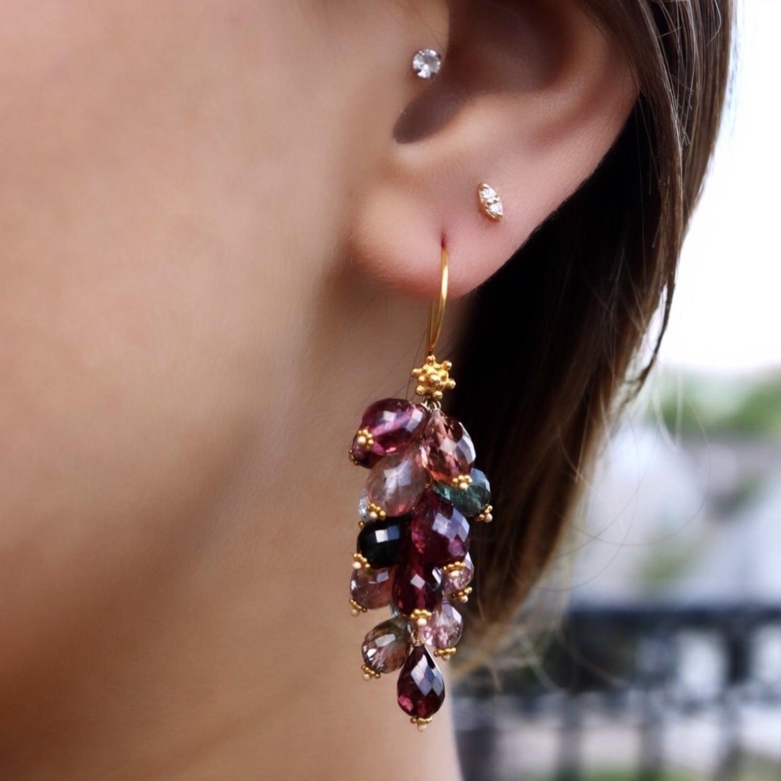 Rainbow Tourmaline Cluster Gold Earrings - Camille Jewelry