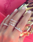 Skinny Silver Pave Square Band Ring On models hand with other rings - Camille Jewelry