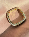 Close up of a skinny square ring in gold plated sterling silver with 1mm pavé cubic zirconia by Camille Jewelry