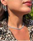 Sterling Silver Pave Curb Link Chain Necklace worn as a choker style on a models neck–Camille Jewelry