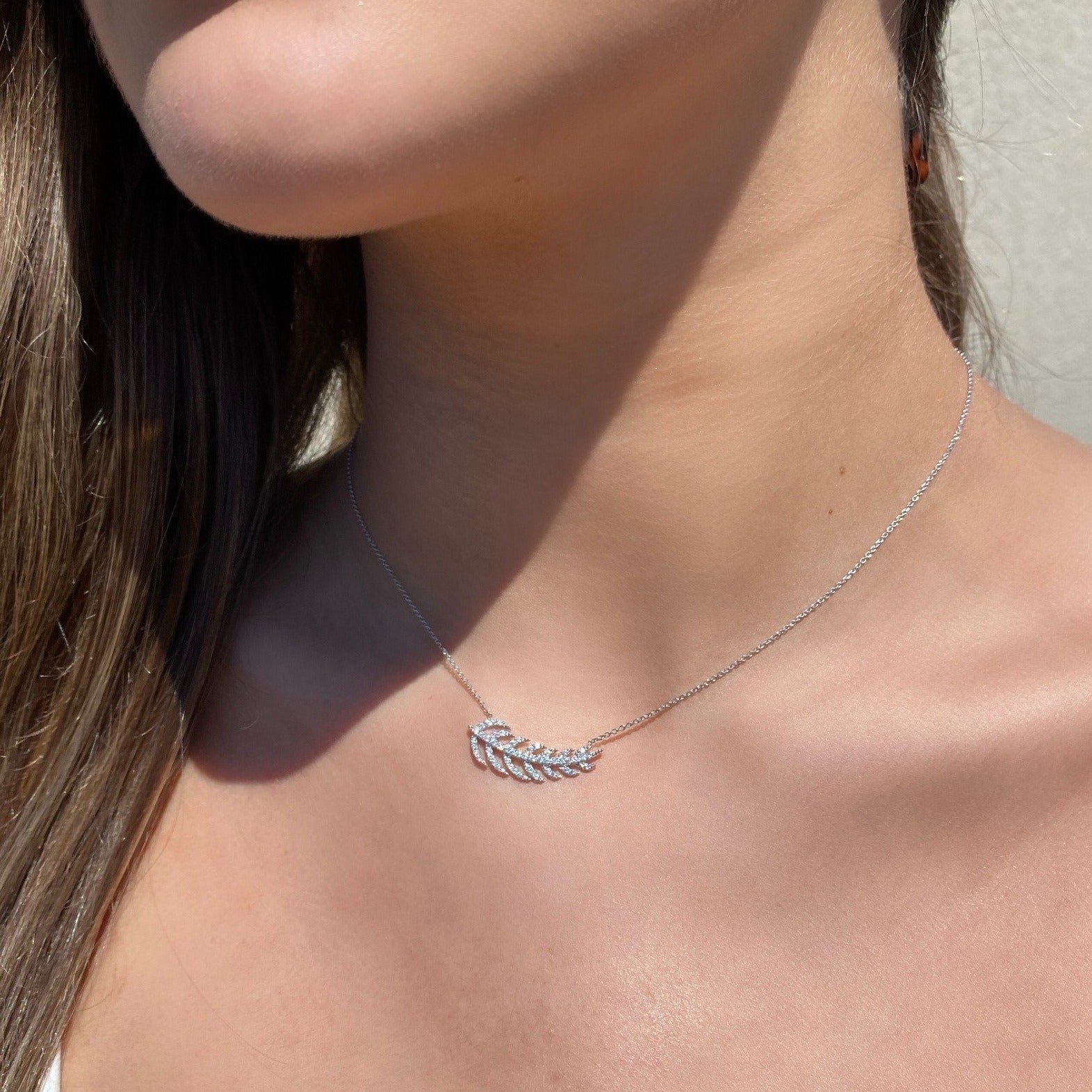 Sterling Silver Pave Single Feather Necklace - Camille Jewelry