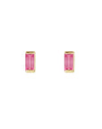 Pair of tiny stud earrings in pink tourmaline with in 14K gold on a white background by Camille Jewelry