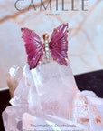 Pink Tourmaline & Diamond Butterfly Ring on a quartz display– 14K Gold Hand-Carved Statement Jewelry - Camille Jewelry