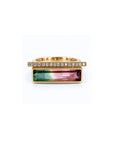 14K gold watermelon tourmaline gemstone ring with natural diamond bar on a white background by Camille Jewelry