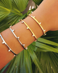 Gold Vermeil & Sterling silver Trillion Cuff Bracelet on a models wrist - Camille Jewelry