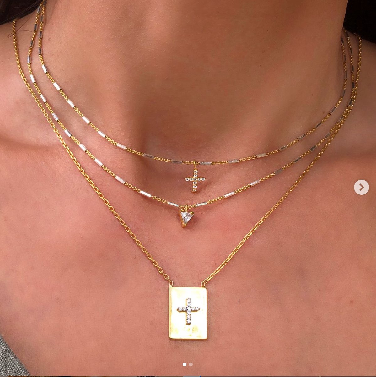 Vermeil &amp; Sterling Silver trillion and cross necklace on model - Camille Jewelry