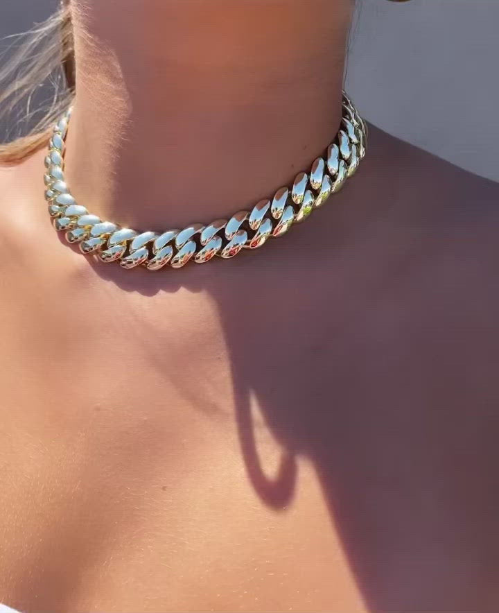 Shop our large bold gold corb chain necklace with pave lock closure | Camille Jewelry