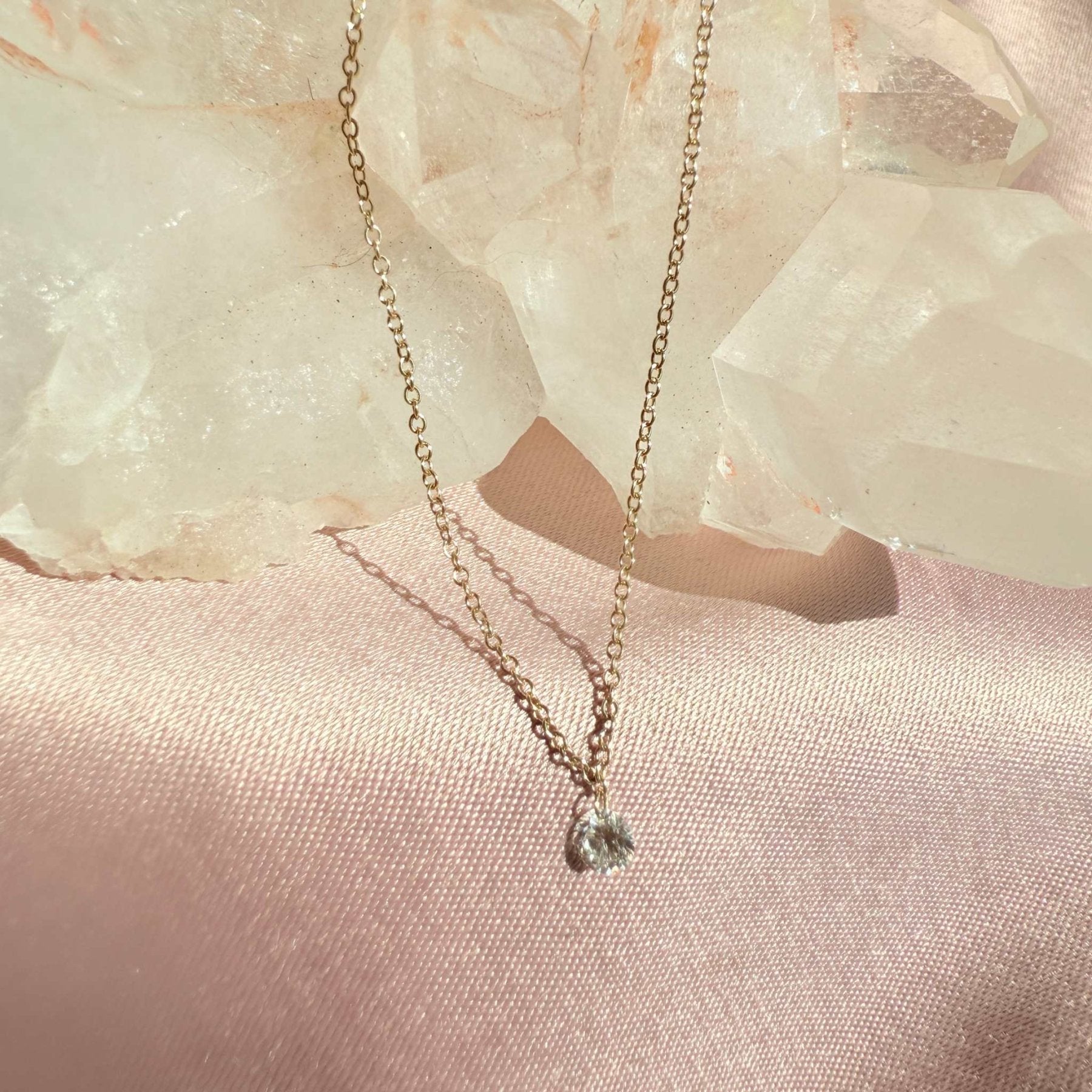 14K Gold Drilled Diamond Necklace – Minimalist Floating Pendant - Camille Jewelry