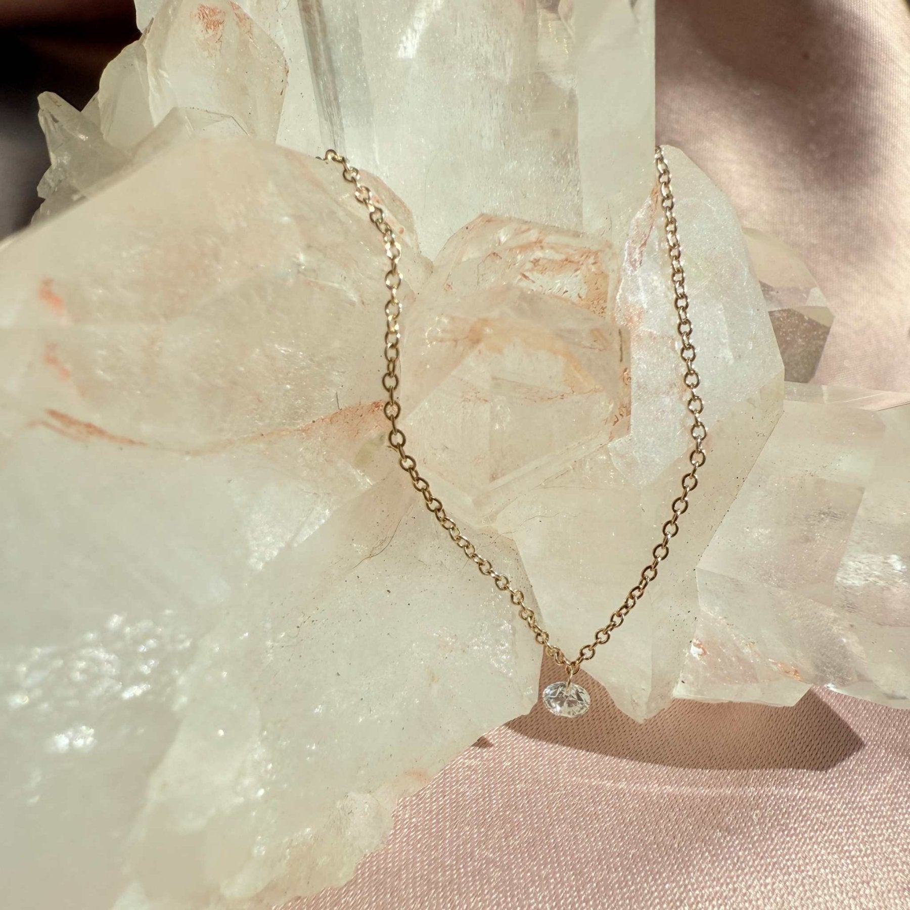 14K Gold Drilled Diamond Necklace – Minimalist Floating Pendant - Camille Jewelry