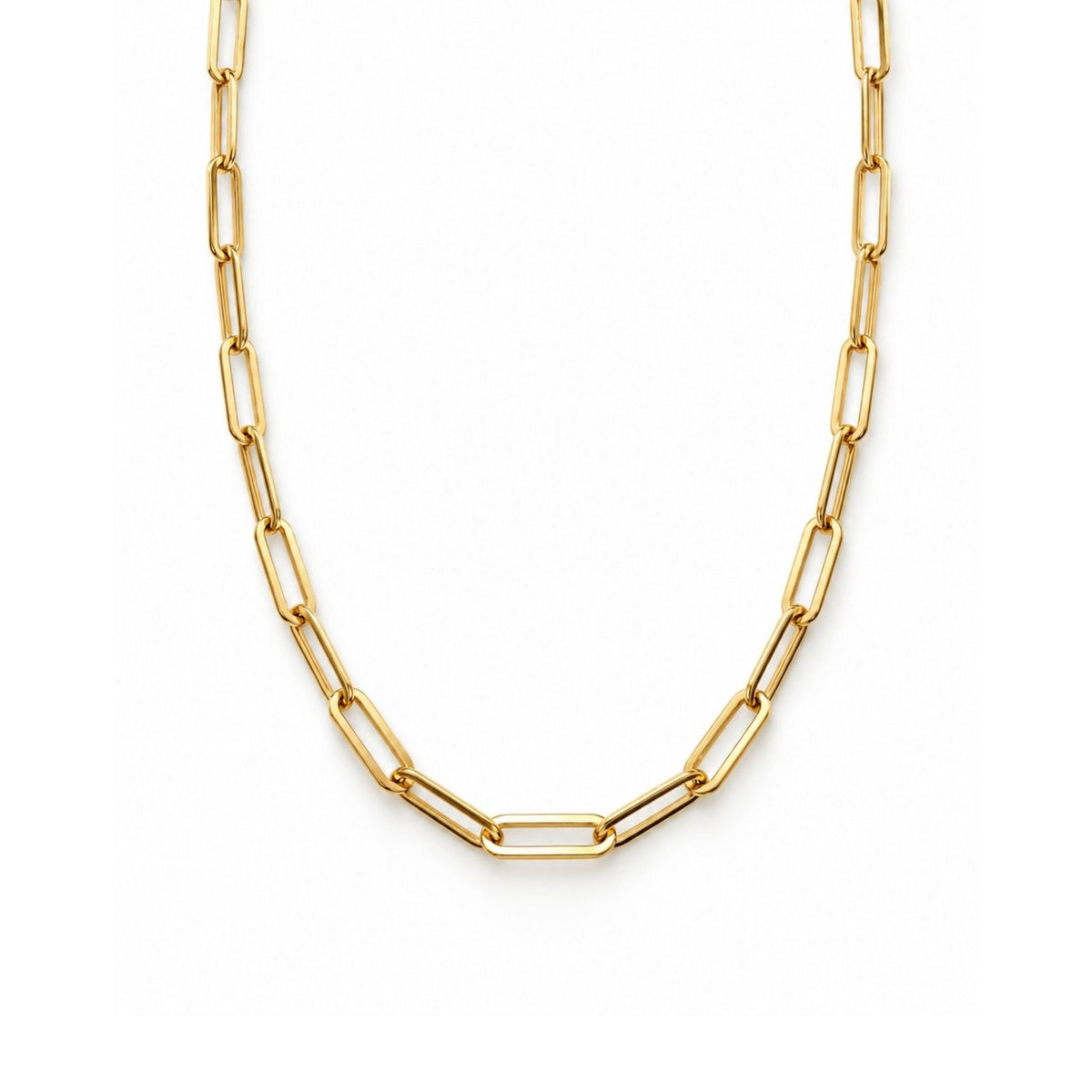 A 14k gold filled paperclip chain necklace displayed in a U-shape against a clean white background by Camille Jewelry