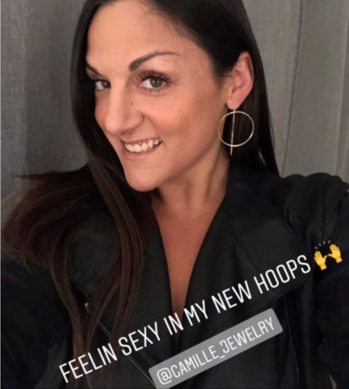 Gold filled threader hoops on woman smiling - Camille Jewelry