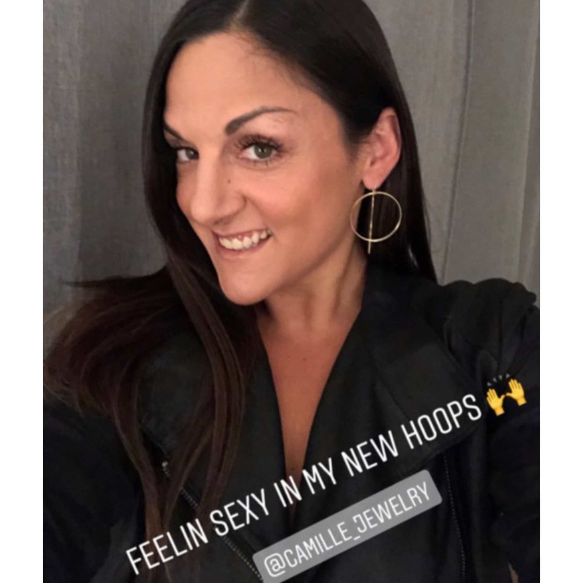 Gold filled threader hoops on woman smiling - Camille Jewelry