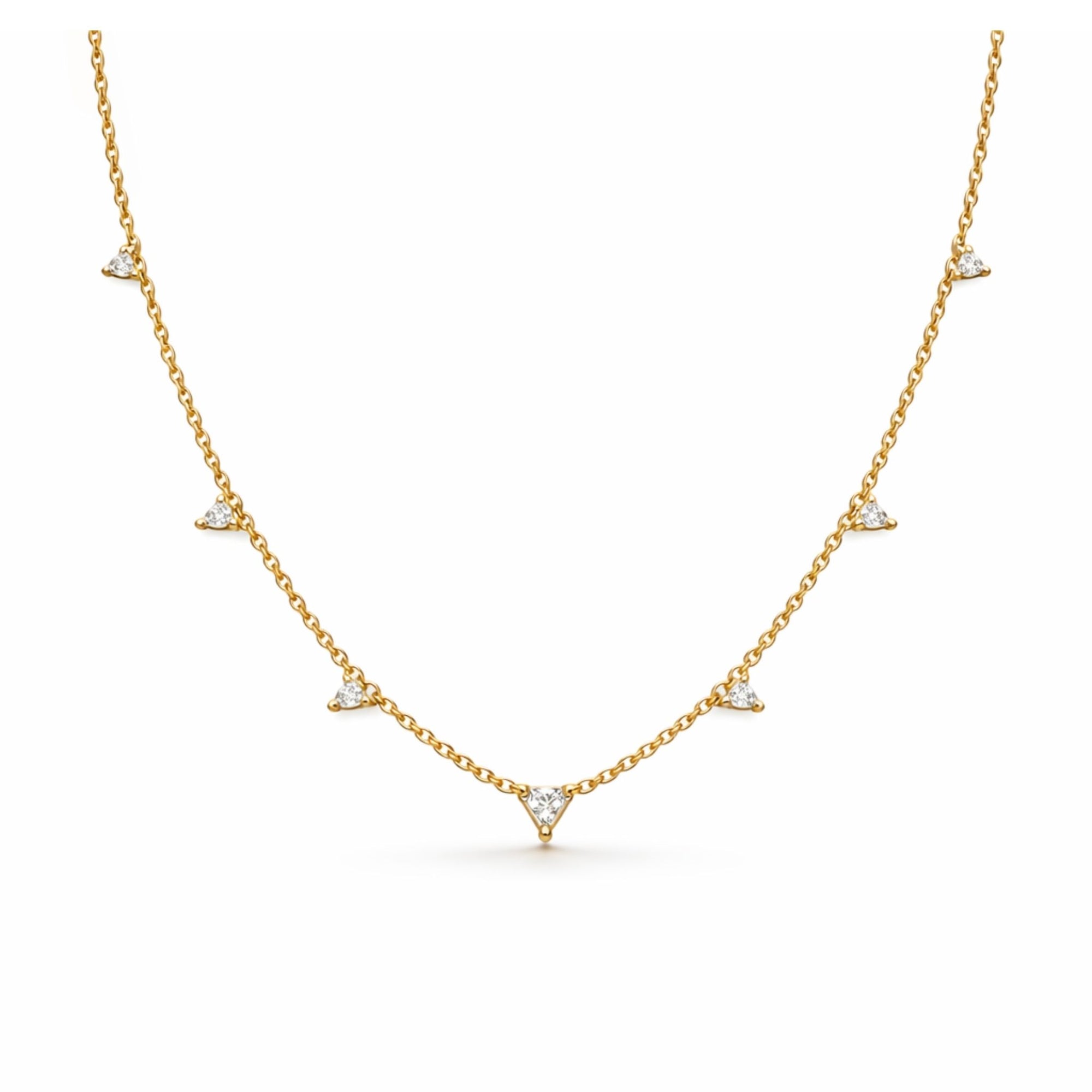 diamond station necklace in 14k yellow gold on white background - Camille Jewelry