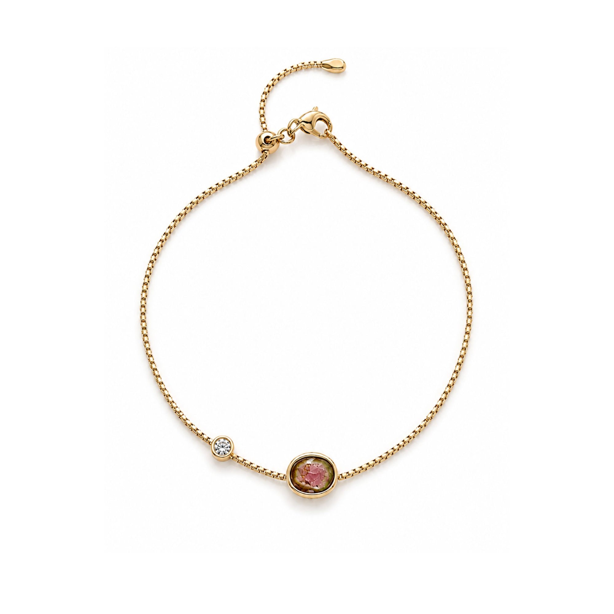 Gold filled bracelet rounded box chain with an organic tourmaline gemstone on a white background by Camille Jewelry