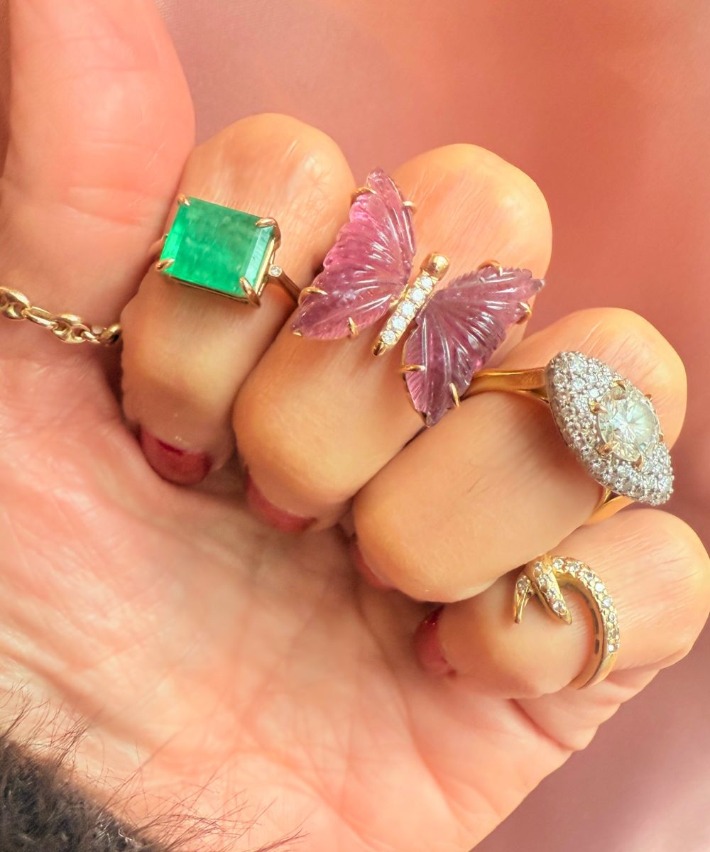 Gemstone Jewelry Rings of tourmaline,emeralds and diamonds in fine gold worn on hand - Camille Jewelry