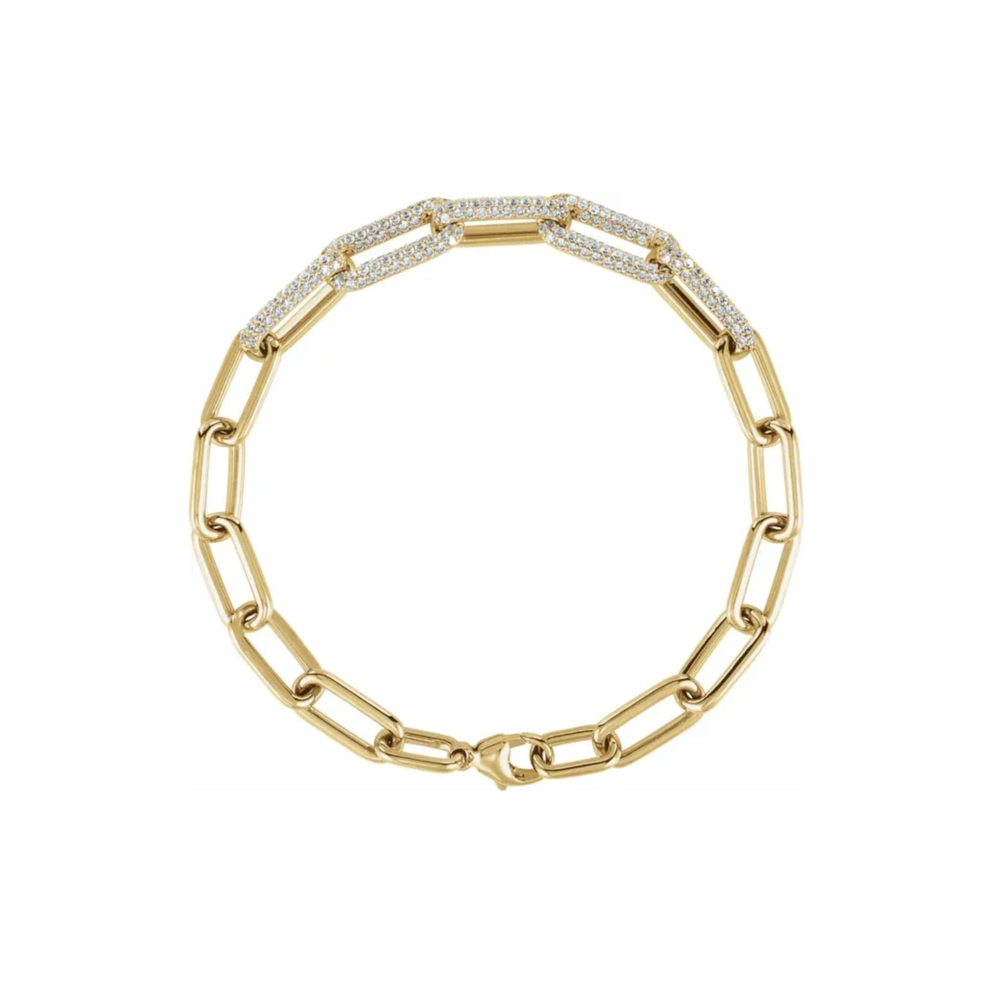 Gold paperclip bracelet in 14K yellow gold in lab created diamonds on a white background by Camille Jewelry