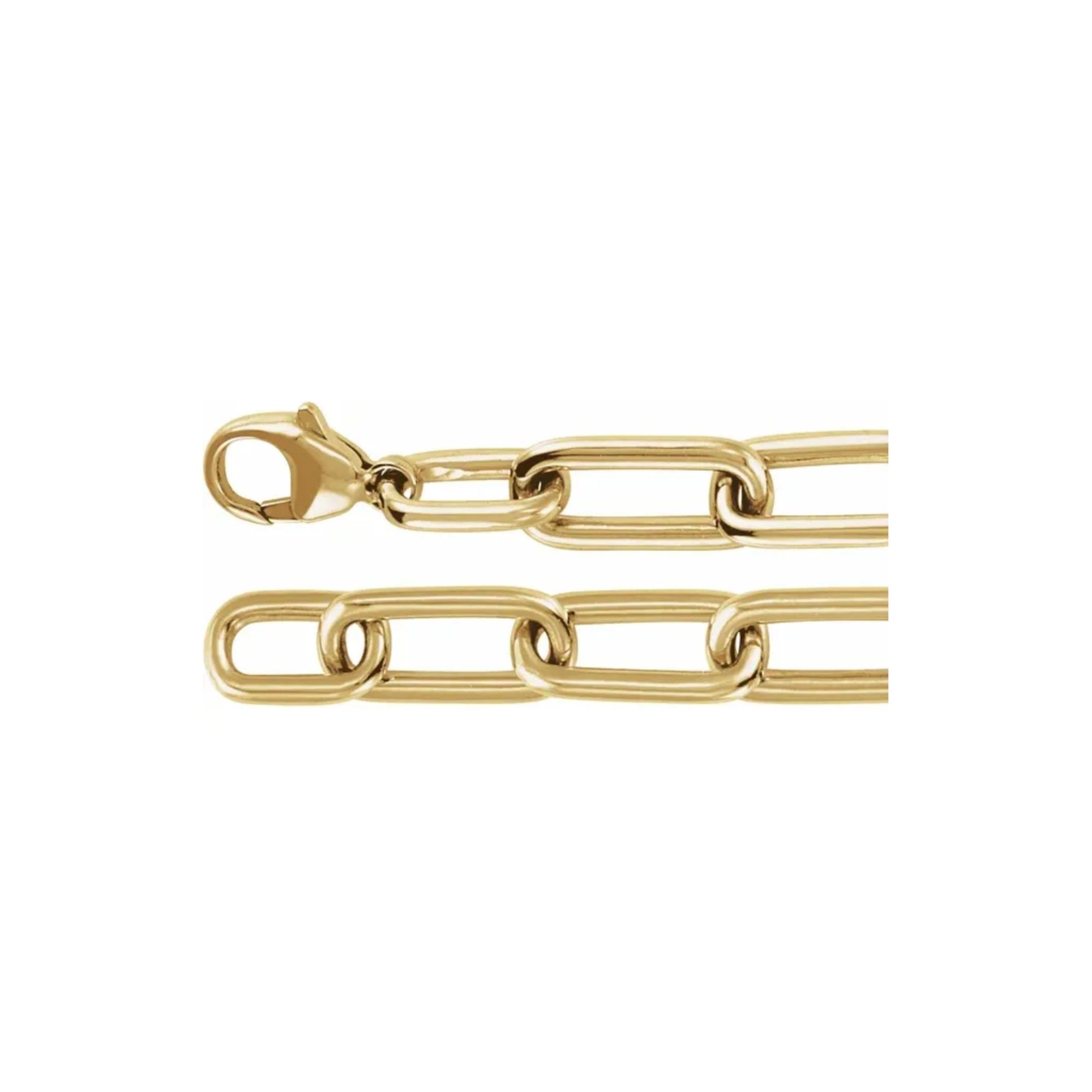 14K yellow gold paperclip bracelet chain closure on white background by Camille Jewelry. 