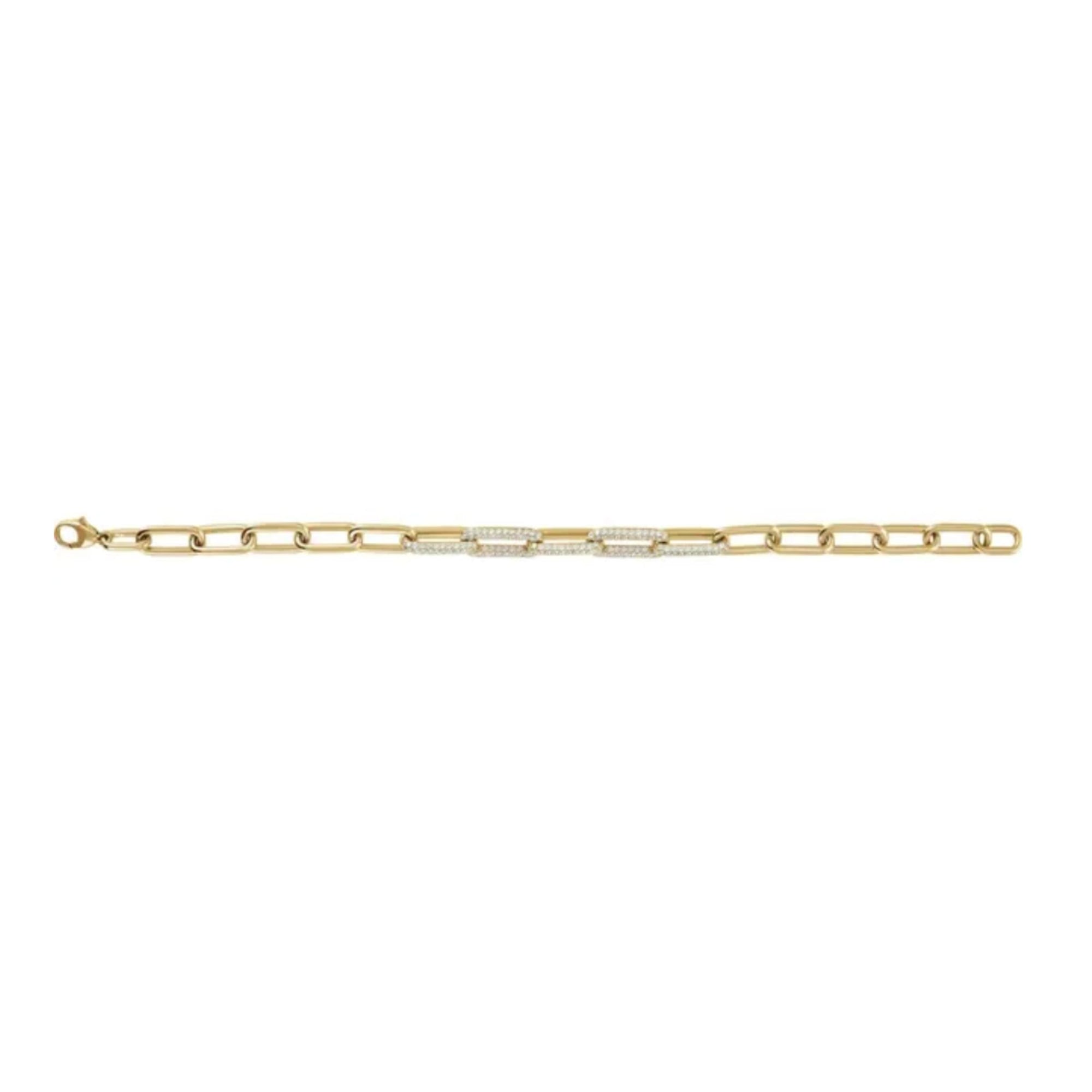 14K yellow gold paperclip bracelet with diamond links on a white background by Camille Jewelry. 