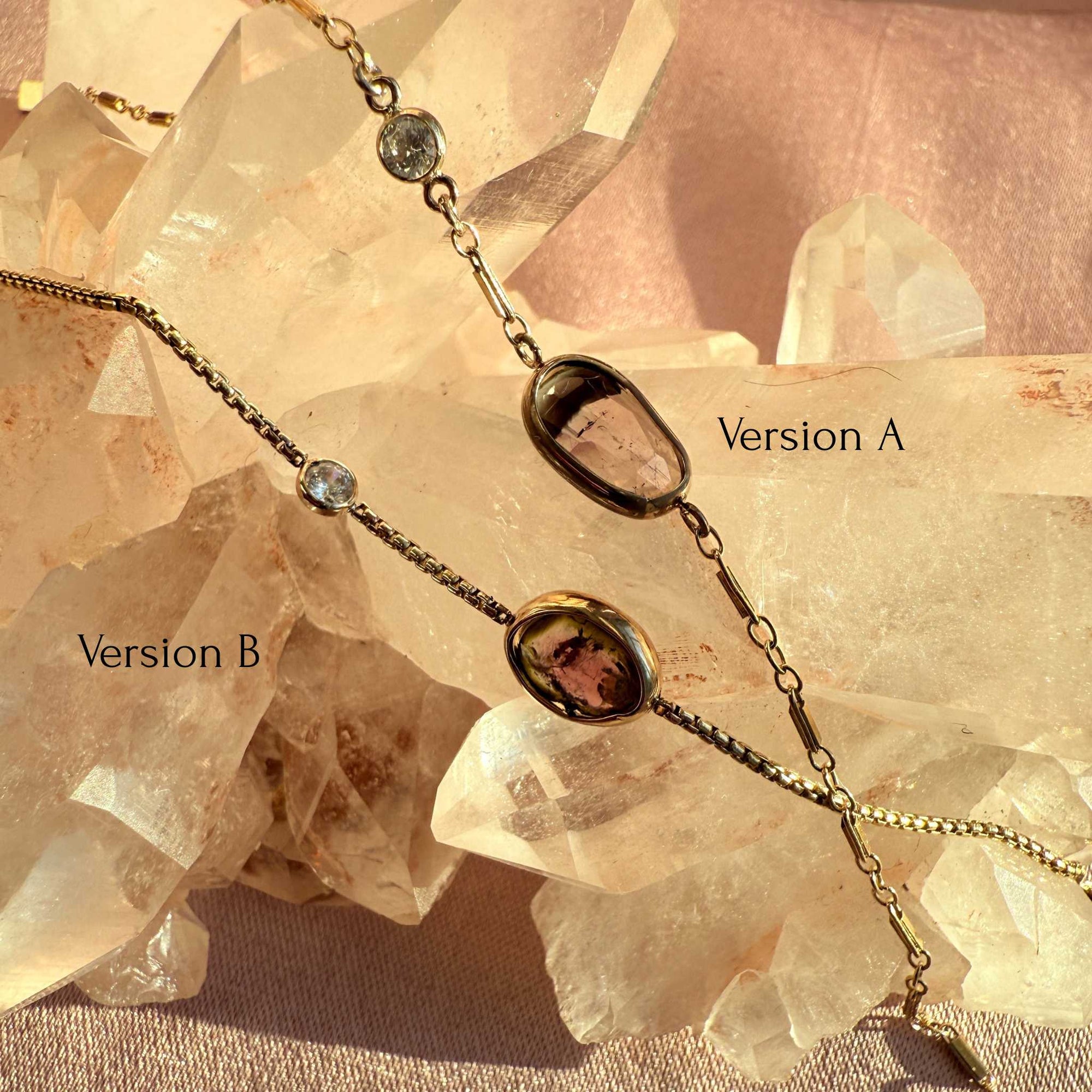gold filled bracelets on display on quartz stone
