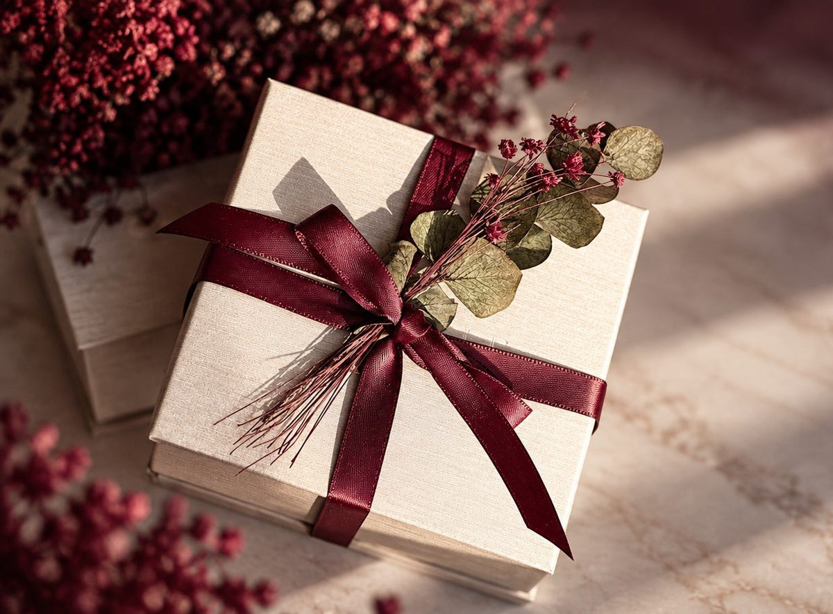 A light gray gift box wrapped with a deep burgundy ribbon and decorated with dry leaves, styled on a marble surface by Camille Jewelry