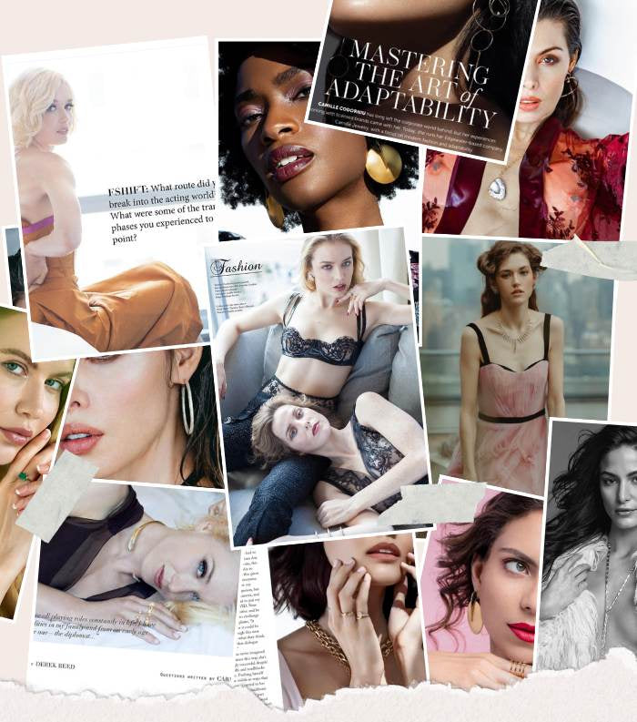 Collage of women in various poses with text overlay on a textured background of jewelry news editorials and photoshoots for Camille Jewelry. 