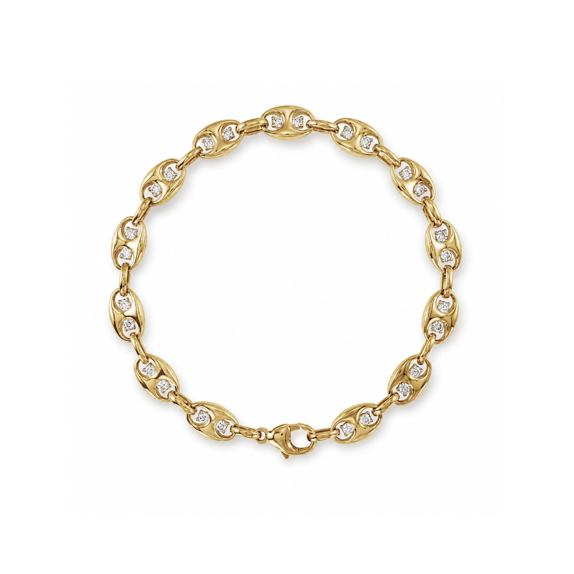 14K yellow Gold mariner bracelet with diamonds on a white background by Camille Jewelry. 