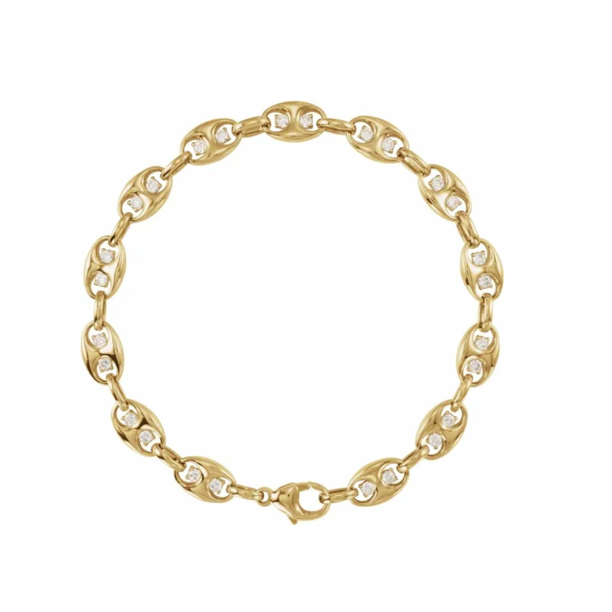 Yellow Gold mariner bracelet with lab diamond accents on a white background by Camille Jewelry. 