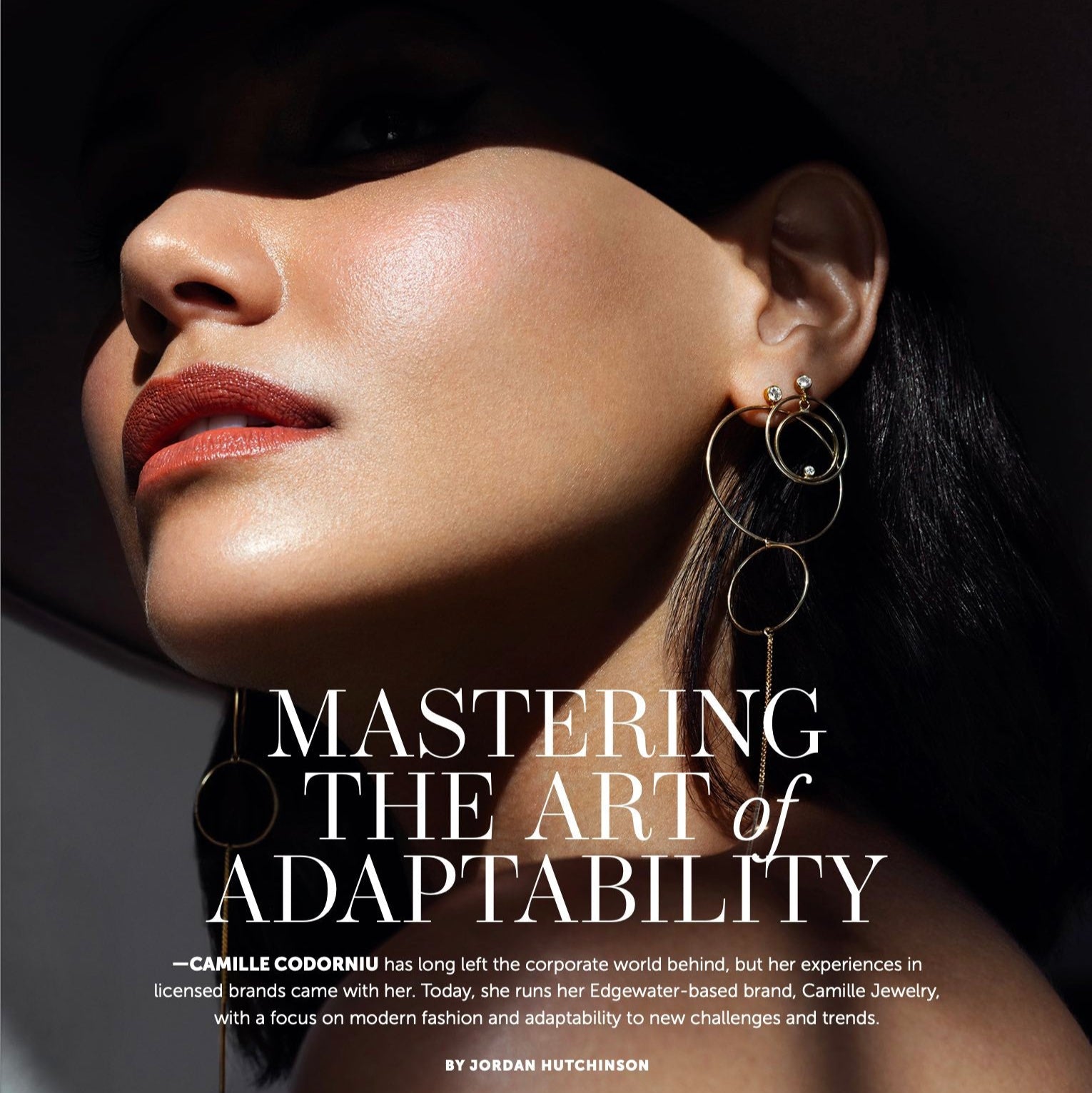 Woman wearing gold filled earrings with text overlay about adaptability for the NJ Digest Magazine for Camille Jewelry. 