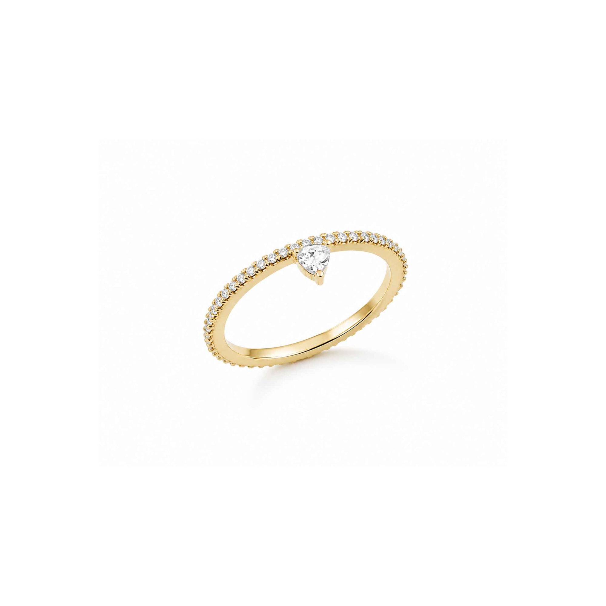 Standing side view of a skinny trillion pavé stacking ring in 18K Gold vermeil on a white background by Camille Jewelry