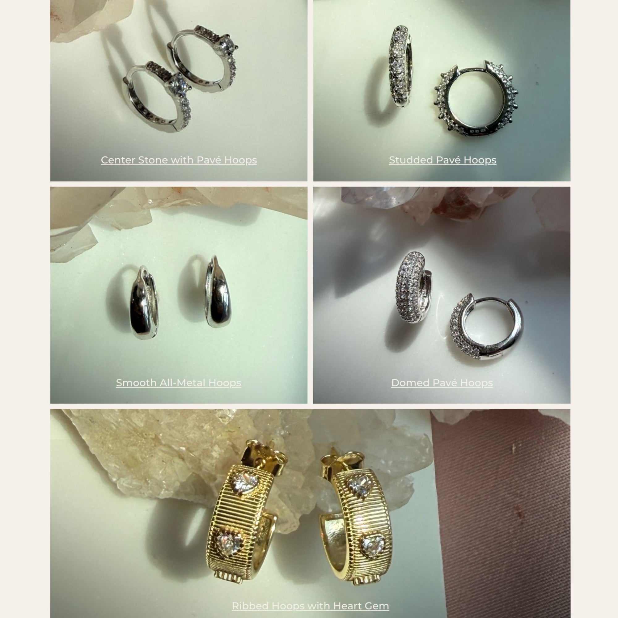 A 5-panel showing different styles of sterling silver mini hoop earrings: center stone pavé hoops, stud pavé hoops, smooth mint green hoops, domed crystal hoops, and gold-toned ribbed hoops with heart-shaped clear gemstones by Camille Jewelry