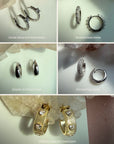 A 5-panel showing different styles of sterling silver mini hoop earrings: center stone pavé hoops, stud pavé hoops, smooth mint green hoops, domed crystal hoops, and gold-toned ribbed hoops with heart-shaped clear gemstones by Camille Jewelry