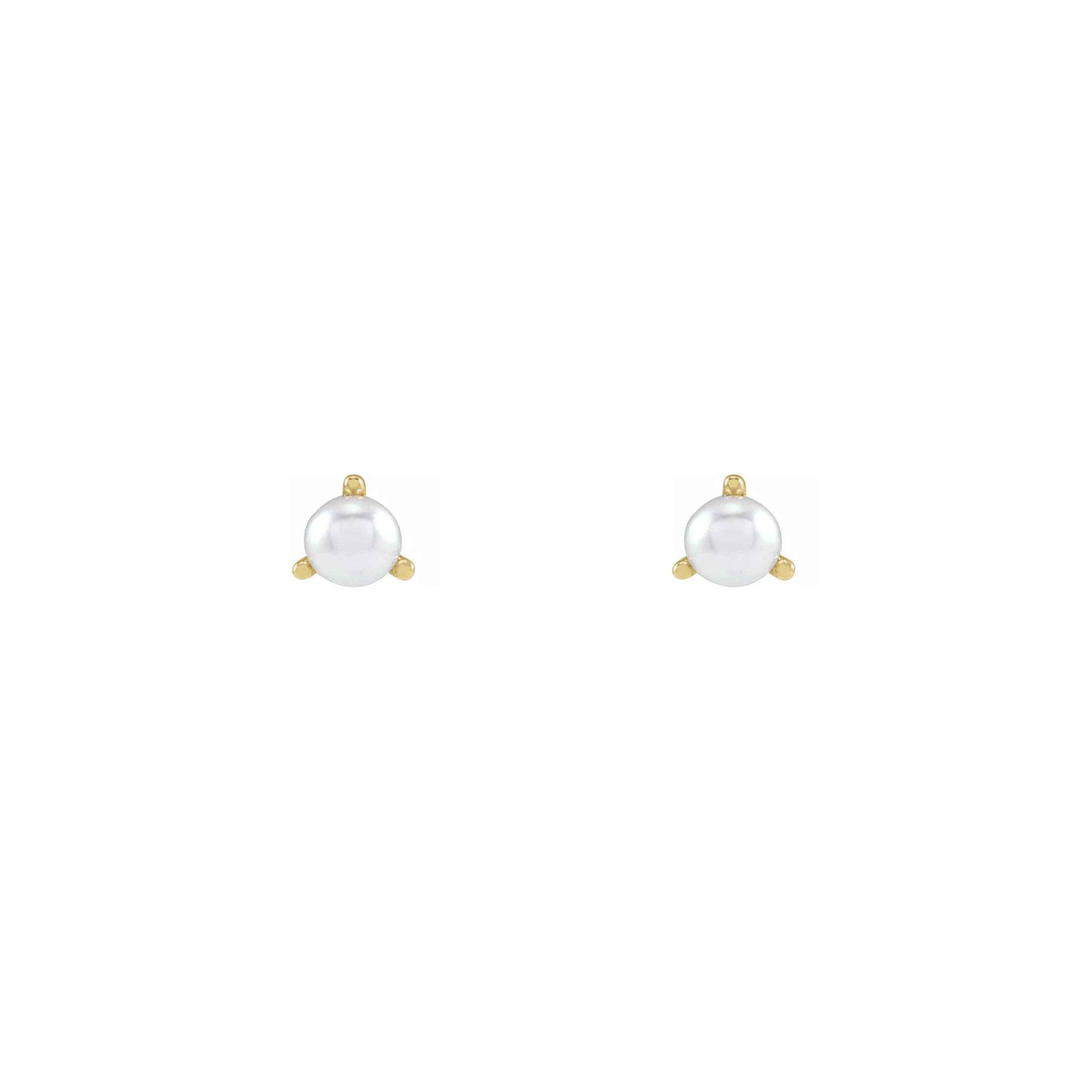 Tiny pearl stud earrings in 14K yellow gold on a white background front view by Camille Jewelry