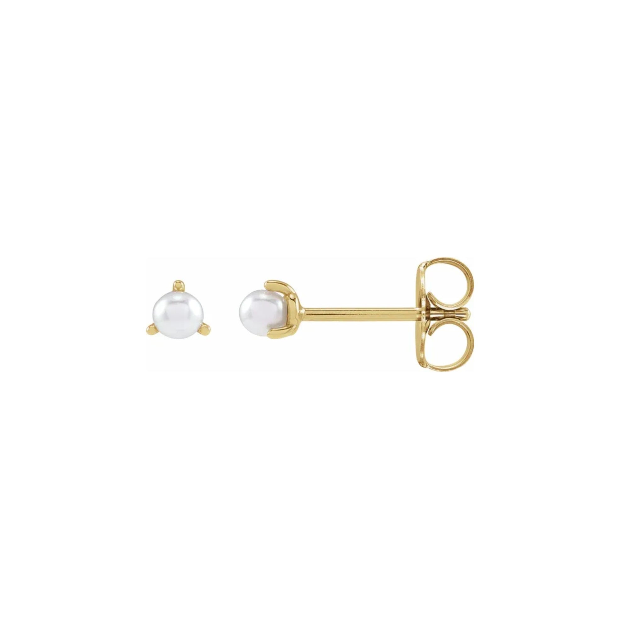 tiny pearl studs in 14K yellow gold on a white background by camille Jewelry
