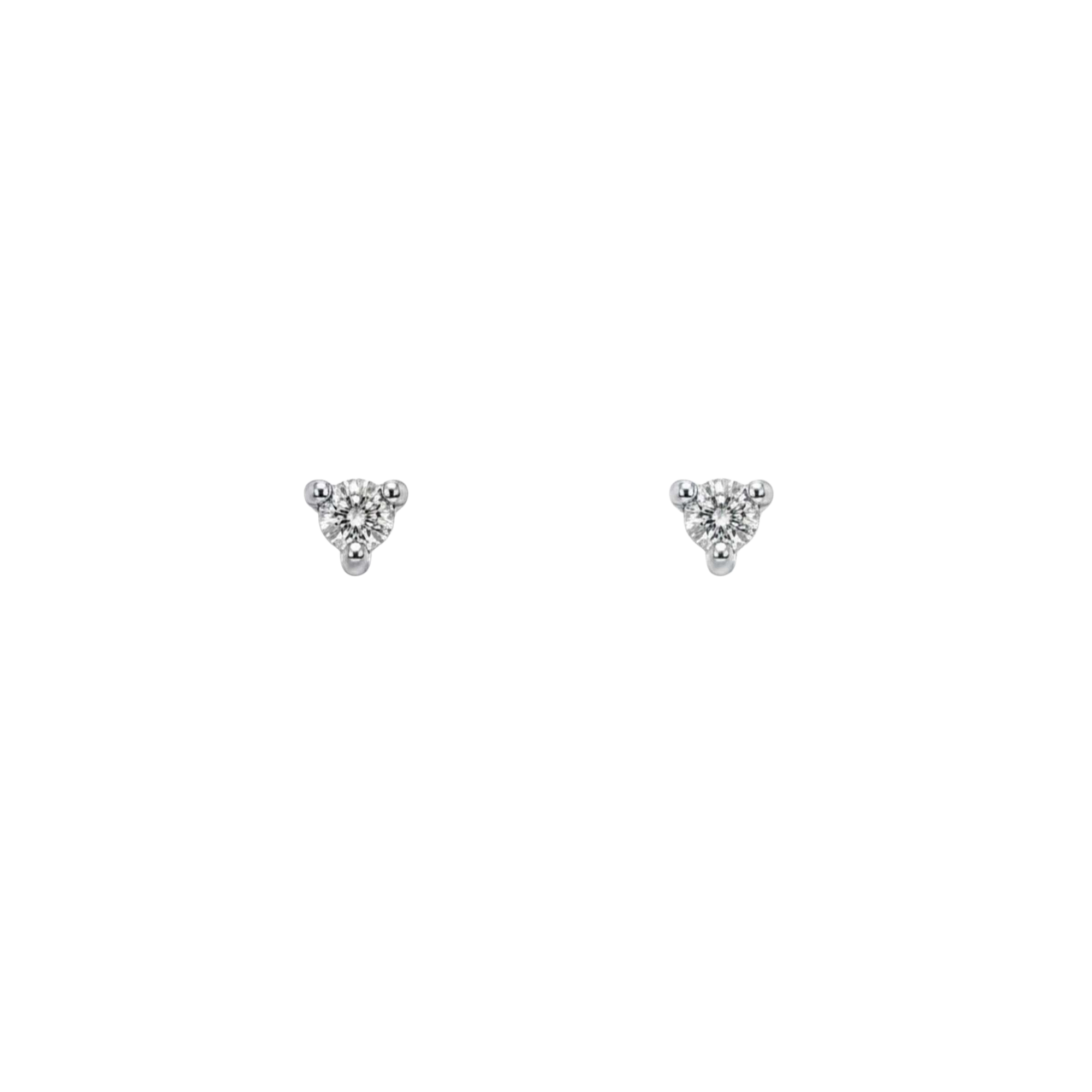 Pair of tiny round diamond stud earrings in yellow gold with three-prong setting, Camille Jewelry