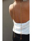 Anuket Gold Scarf Necklace back view on models neck– Versatile Layered Fashion Jewelry - Camille Jewelry