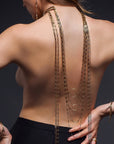 Anuket Gold Scarf Necklace worn to back on model– Versatile Layered Fashion Jewelry - Camille Jewelry