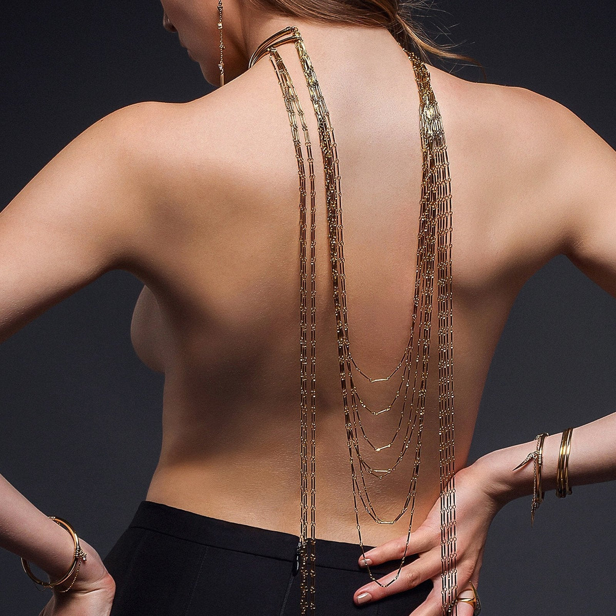 Anuket Gold Scarf Necklace worn to back on model– Versatile Layered Fashion Jewelry - Camille Jewelry