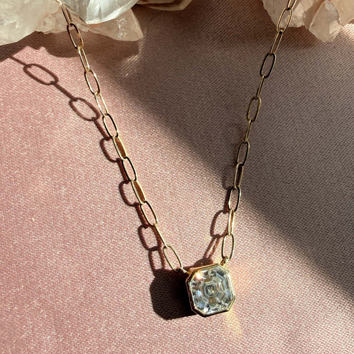 Asscher Cut Moissanite Necklace in Solid 14K Gold - Camille Jewelry