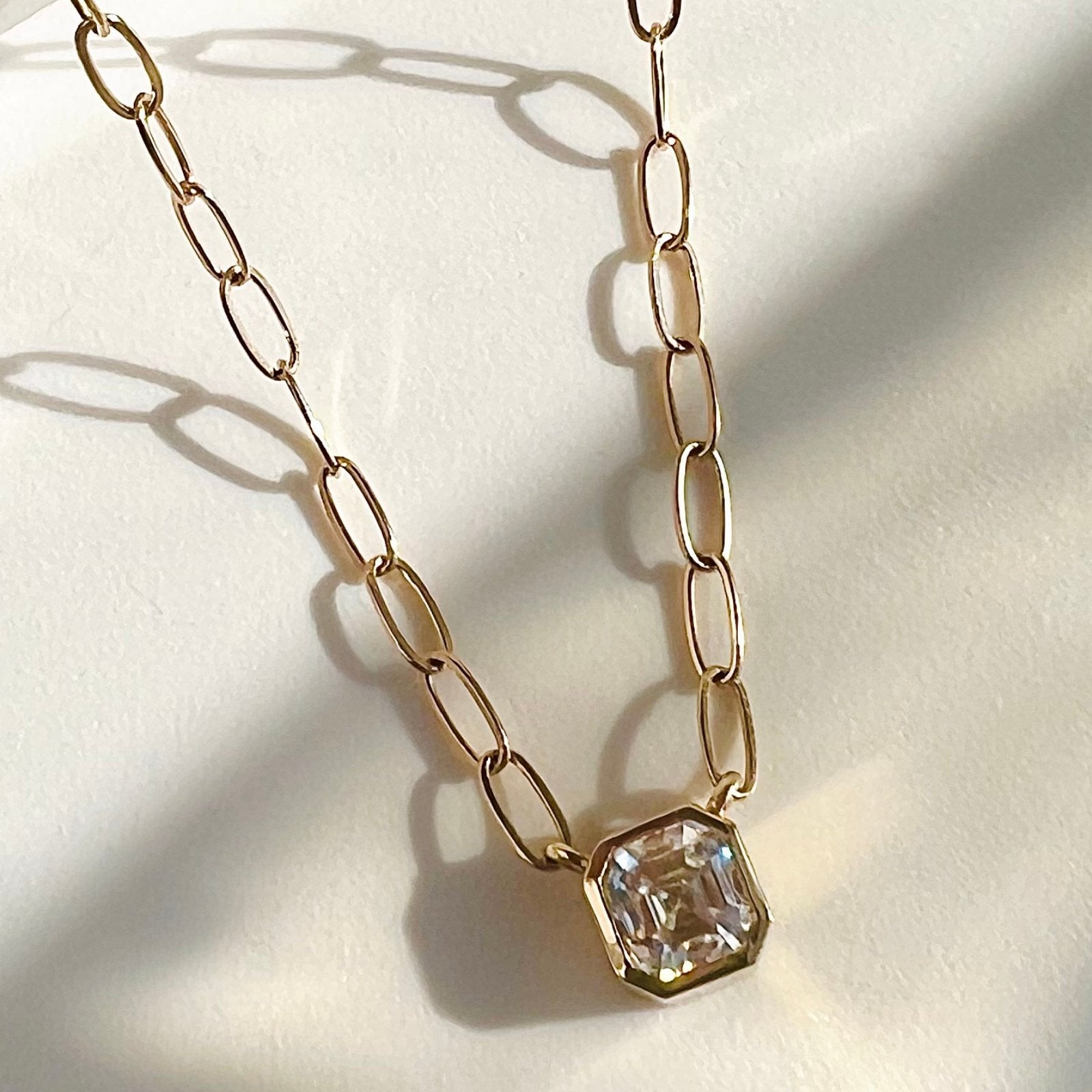 Solid 14K gold cable chain moissanite necklace with square Asscher pendant- Camille Jewelry