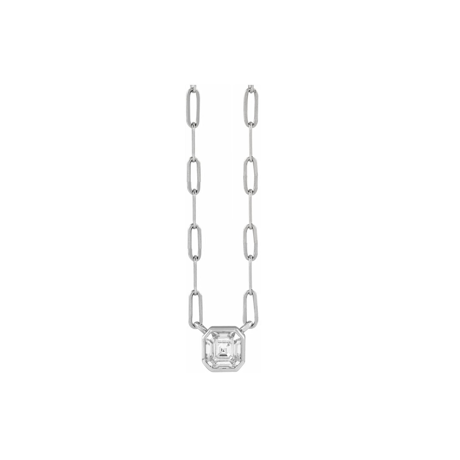 Asscher Cut Moissanite Pendant Necklace in 14K white Gold on a white background- Camille Jewelry