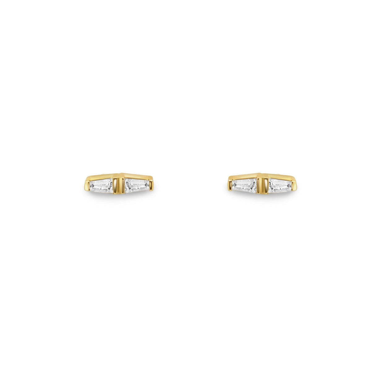 14K yellow gold tapered baguette diamond Bar Stud Earrings on a white background- Camille Jewelry