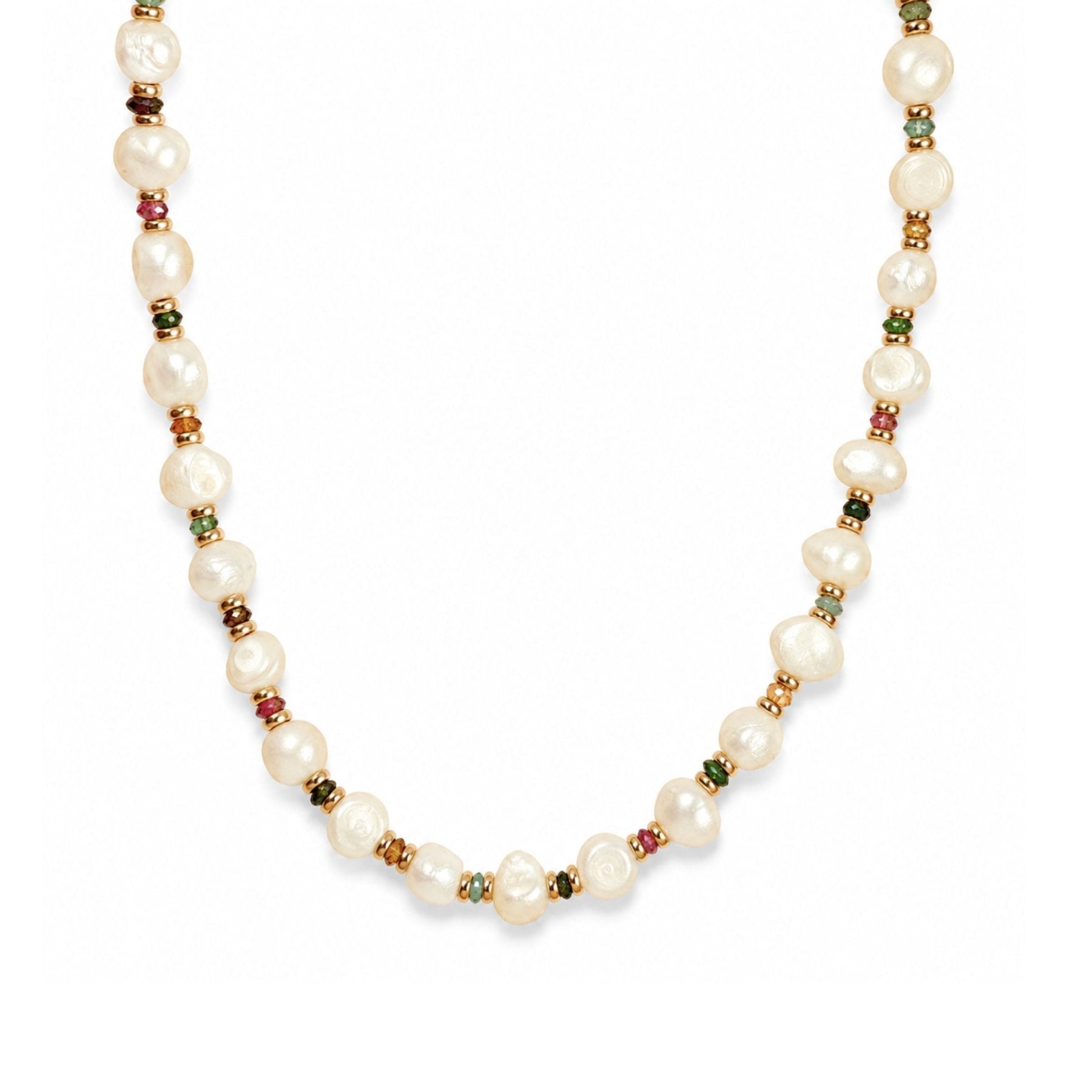 Beaded Pearl Necklace with Gold Filled Beads and Rainbow Rondelles - Camille Jewelry
