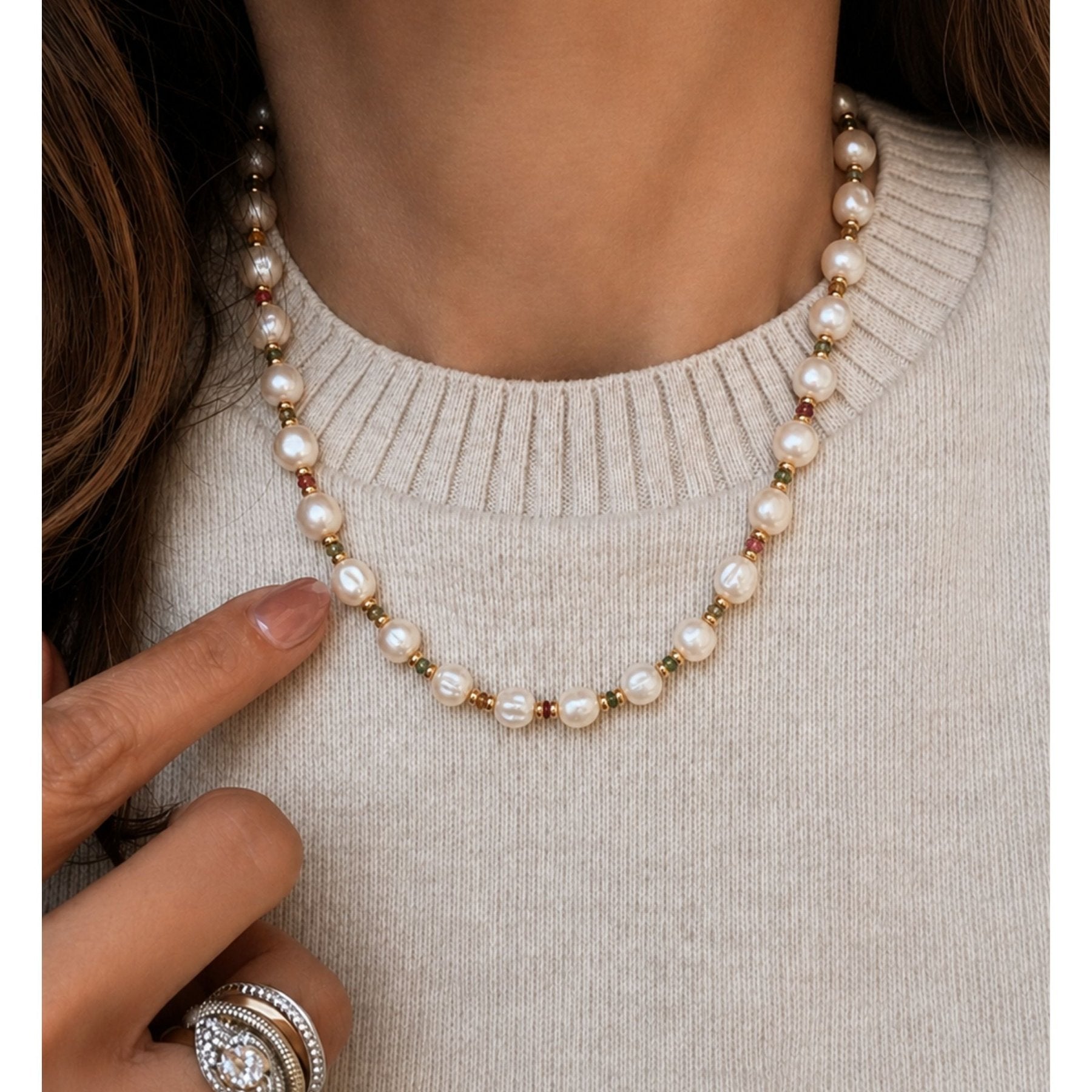 Beaded Pearl Necklace with Gold Filled Beads and Rainbow Rondelles - Camille Jewelry