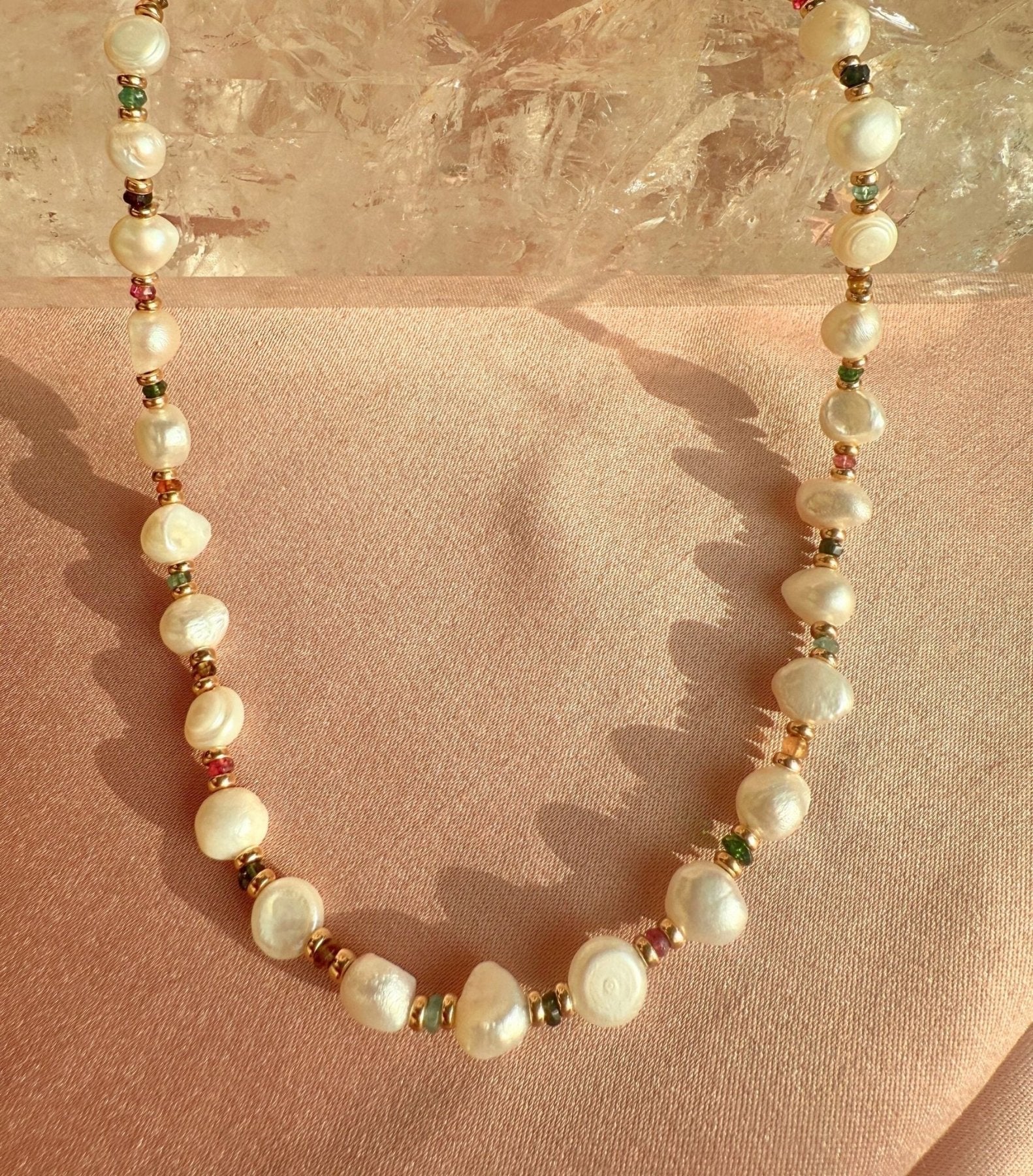 Beaded Pearl Necklace with Gold Filled Beads and Rainbow Rondelles - Camille Jewelry
