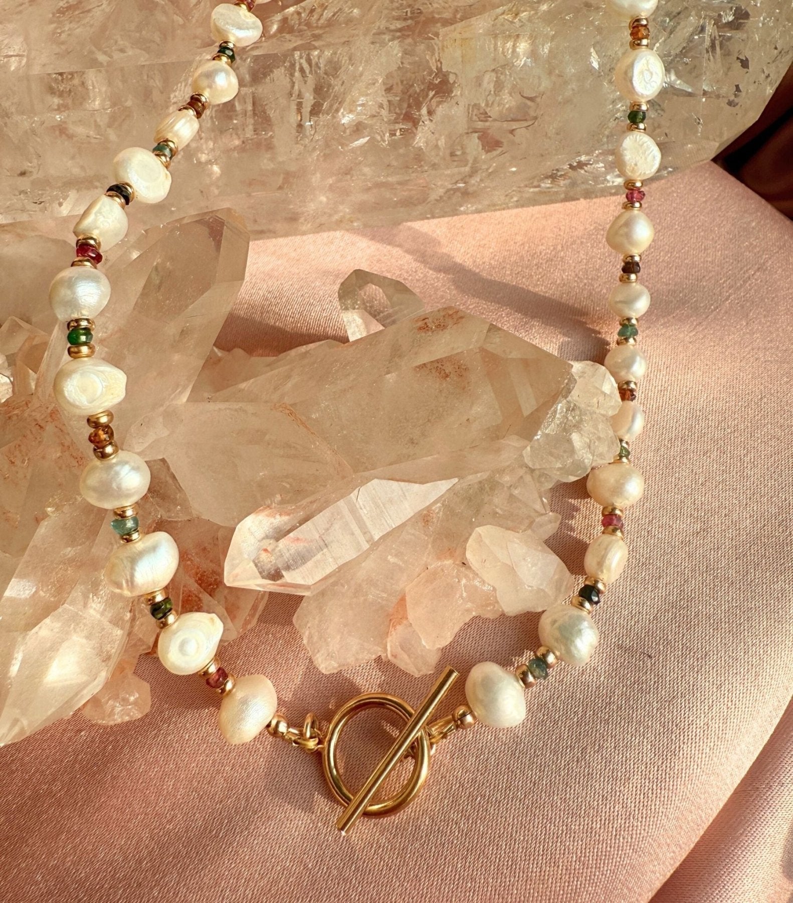 Beaded Pearl Necklace with Gold Filled Beads and Rainbow Rondelles - Camille Jewelry