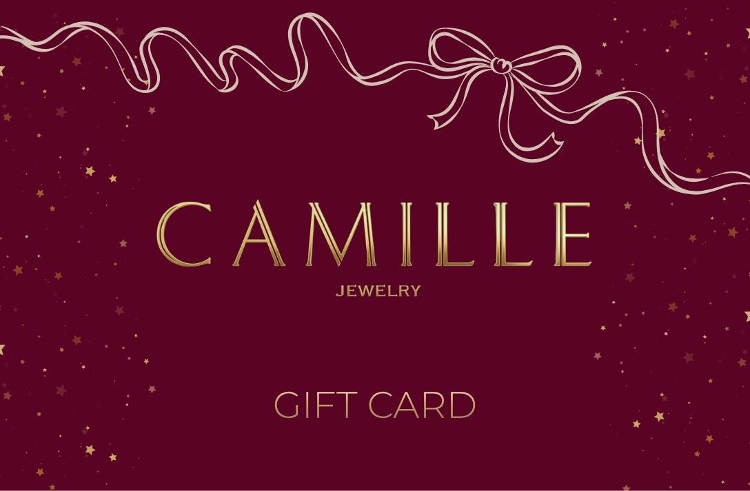 Camille Jewelry gift card image on burgundy background with small stars and a illustrated bow.