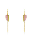 Pink Tourmaline Leaf Earrings – Hand-Carved Gemstone Gold Threader on a white background - Camille Jewelry