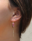 Pink Tourmaline Leaf Earrings – Hand-Carved Gemstone Gold Threader on models ear - Camille Jewelry
