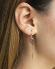 Pink Tourmaline Leaf Earrings – Hand-Carved Gemstone Gold Threader on model- Camille Jewelry